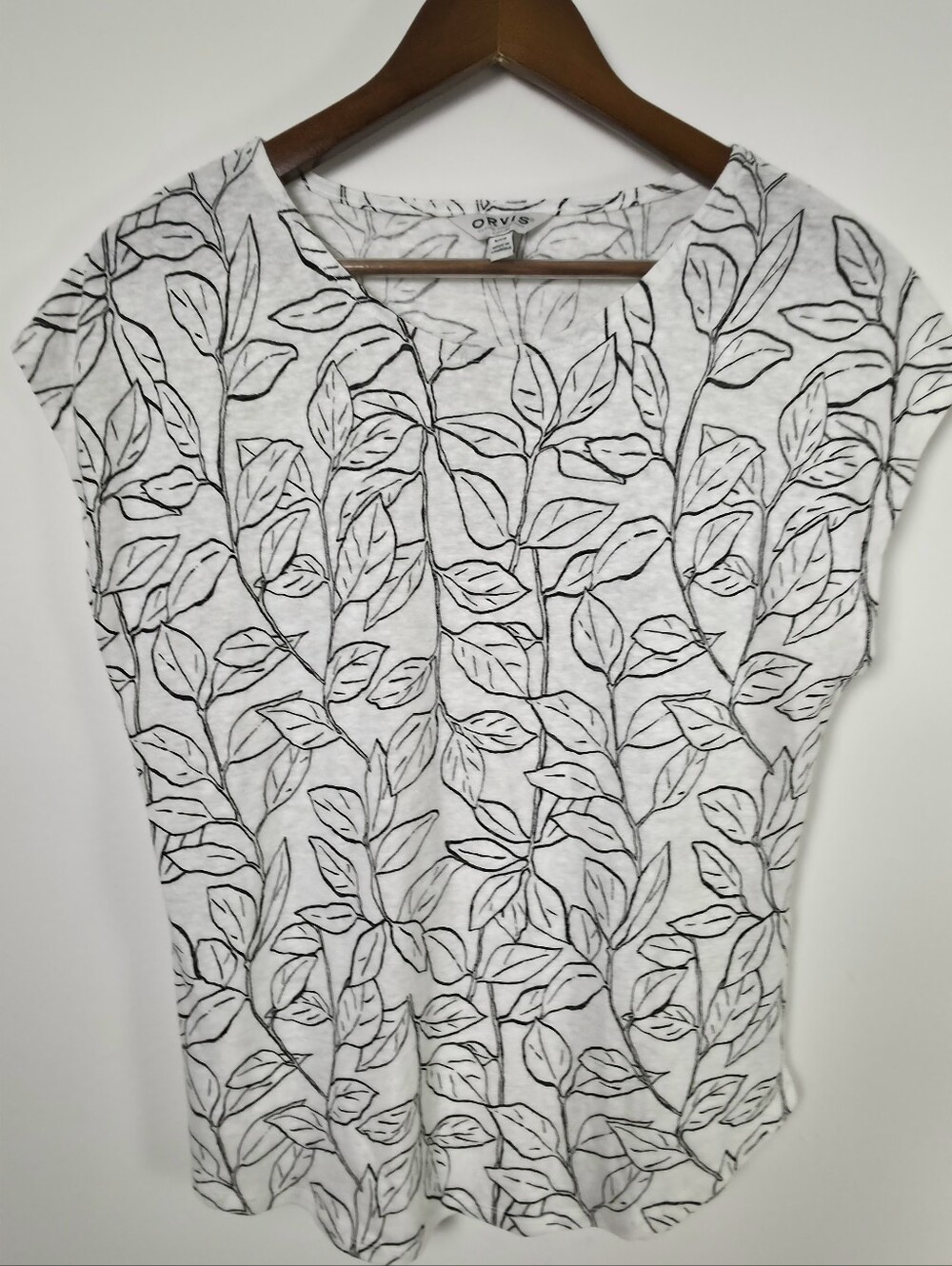 Orvis Classic Collection M Linen Blend Botanical Leaf Print Cap Sleeve Top